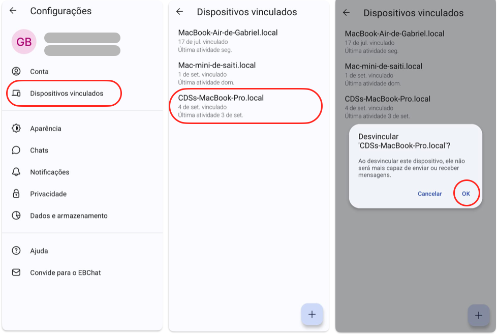 Tela Dispositivos Vinculados no aplicativo móvel